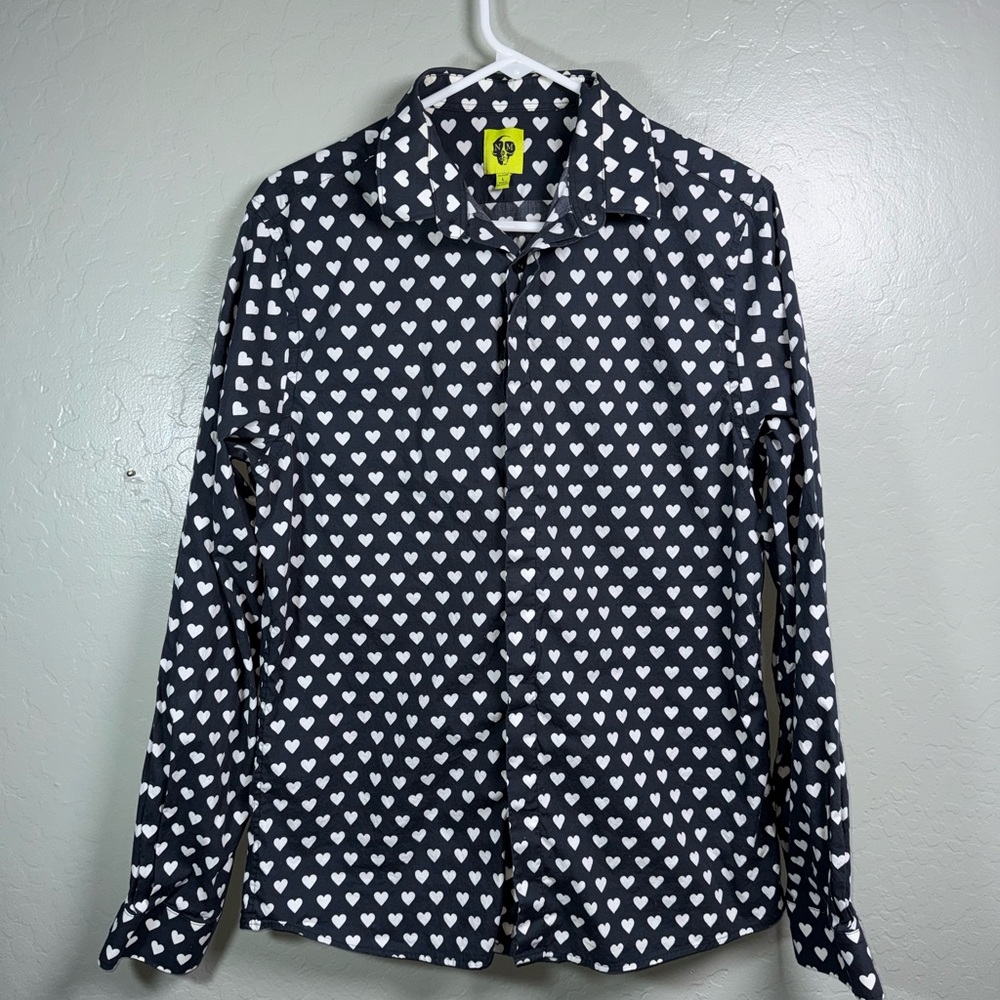 Noose & Monkey Black Heart Print Button Up Shirt Size L